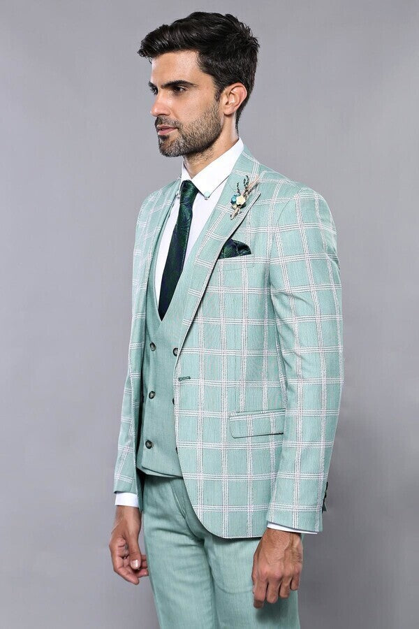 WSS Checked Light Green Vested Suit  - Tlalmanalco