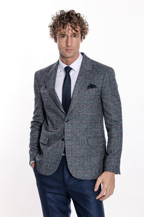 WSS Checked Navy Blue Men Blazer  - Orem