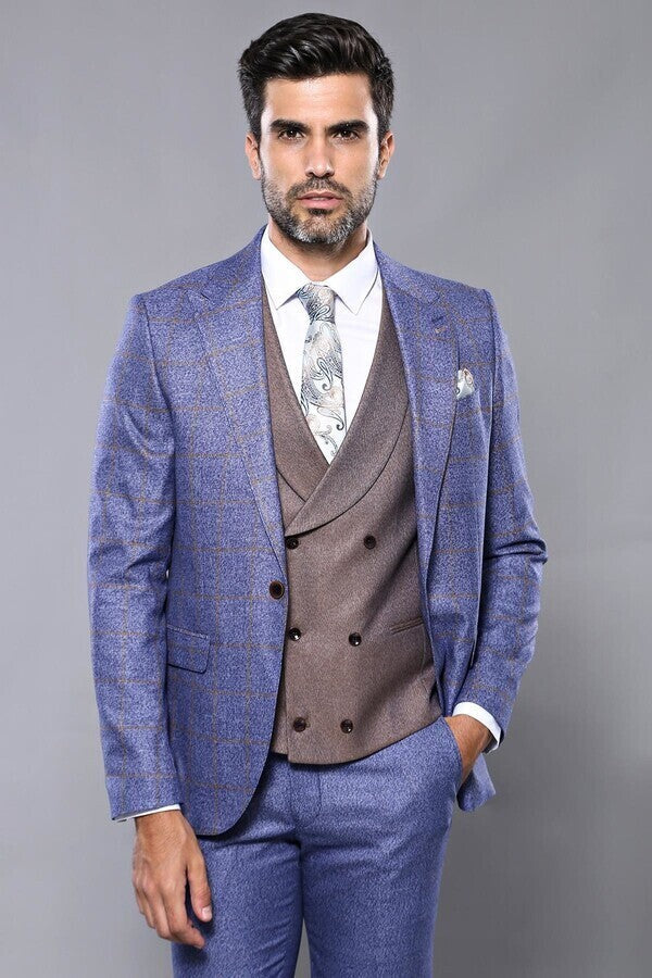WSS Checked Blue Men's Suit  - Linares