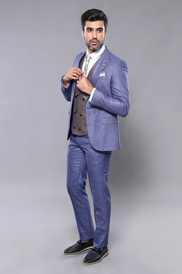 WSS Checked Blue Men's Suit  - Linares