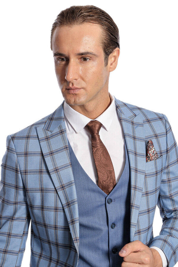 WSS Checked Patterned Slim Fit Blue Men Suit  - La Vergne