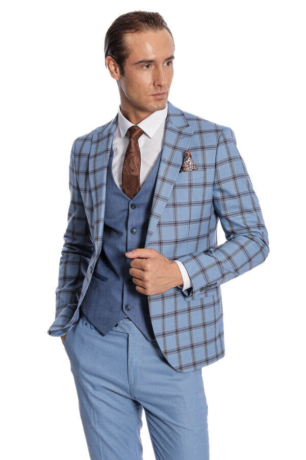 WSS Checked Patterned Slim Fit Blue Men Suit  - La Vergne