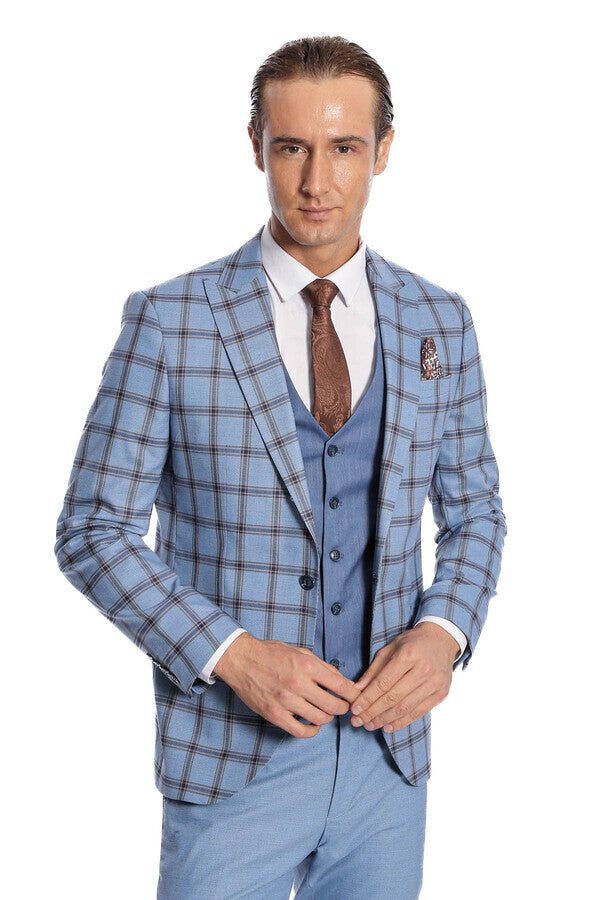 WSS Checked Patterned Slim Fit Blue Men Suit  - La Vergne