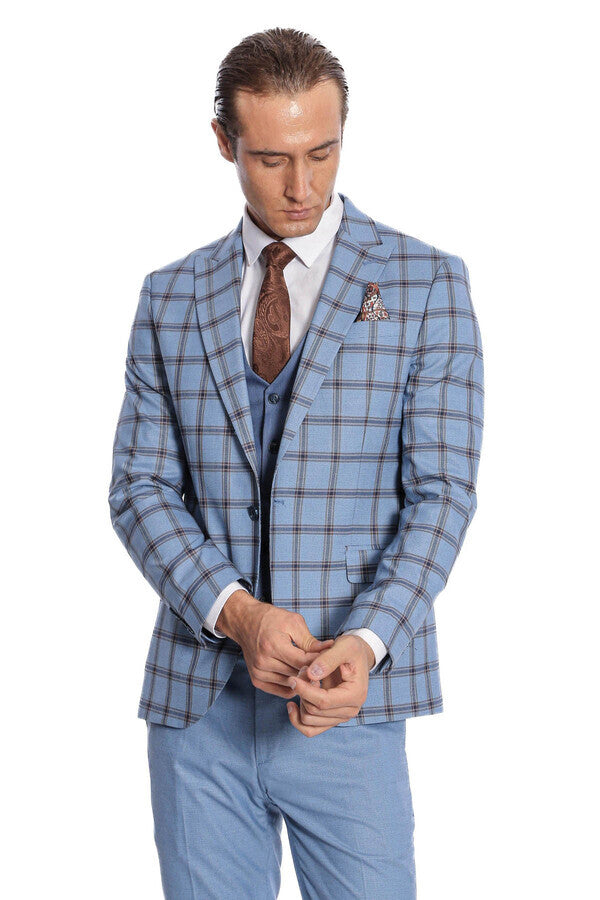 WSS Checked Patterned Slim Fit Blue Men Suit  - La Vergne