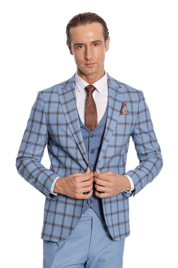 WSS Checked Patterned Slim Fit Blue Men Suit  - La Vergne