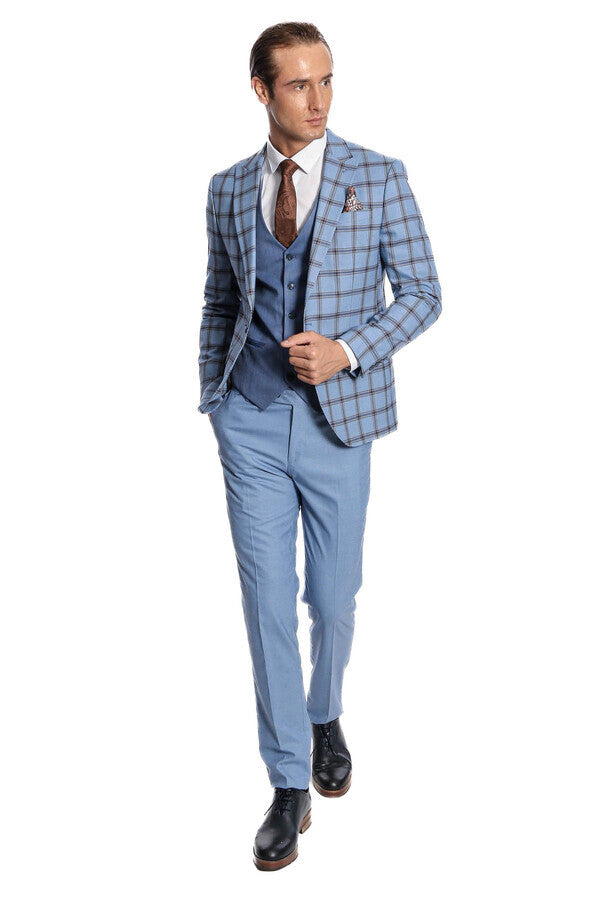 WSS Checked Patterned Slim Fit Blue Men Suit  - La Vergne