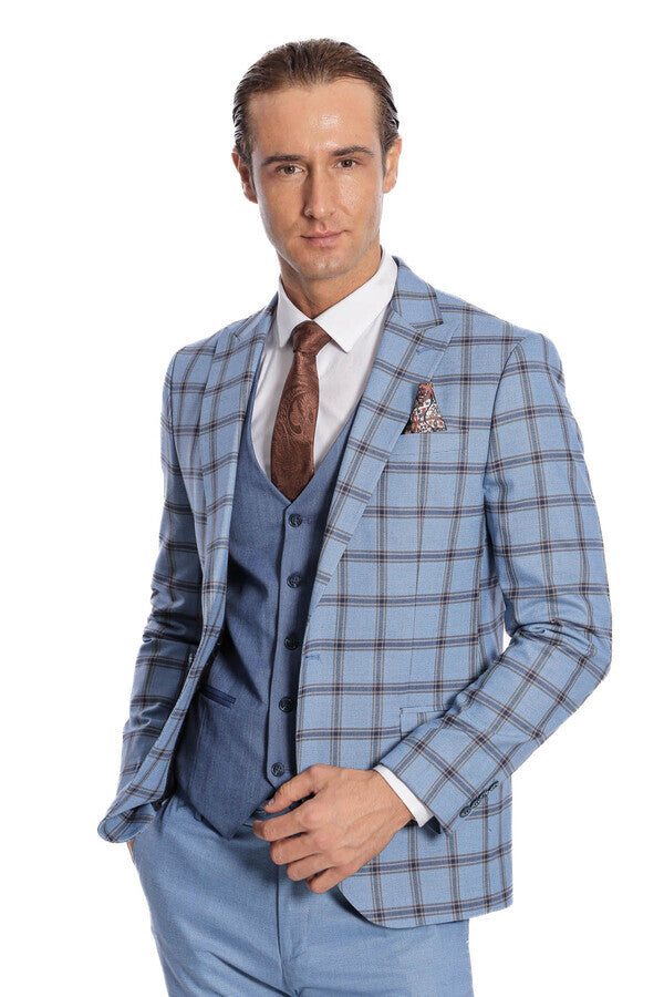 WSS Checked Patterned Slim Fit Blue Men Suit  - La Vergne