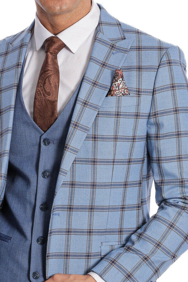 WSS Checked Patterned Slim Fit Blue Men Suit  - La Vergne
