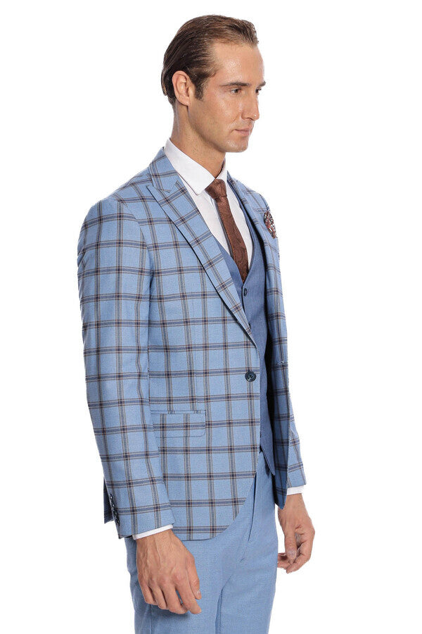 WSS Checked Patterned Slim Fit Blue Men Suit  - La Vergne