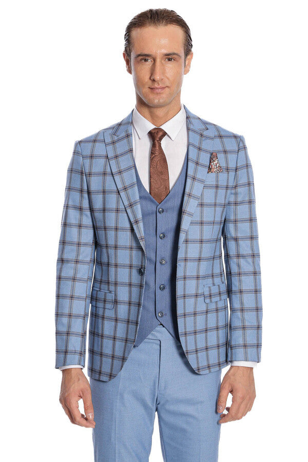 WSS Checked Patterned Slim Fit Blue Men Suit  - La Vergne