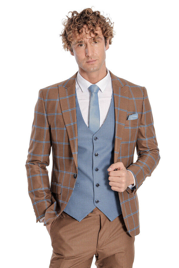 WSS Checked Patterned Slim Fit Brown Men Suit  - Lombard