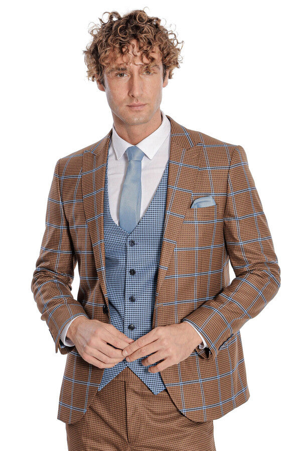 WSS Checked Patterned Slim Fit Brown Men Suit  - Lombard