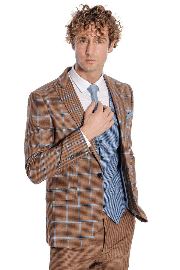 WSS Checked Patterned Slim Fit Brown Men Suit  - Lombard