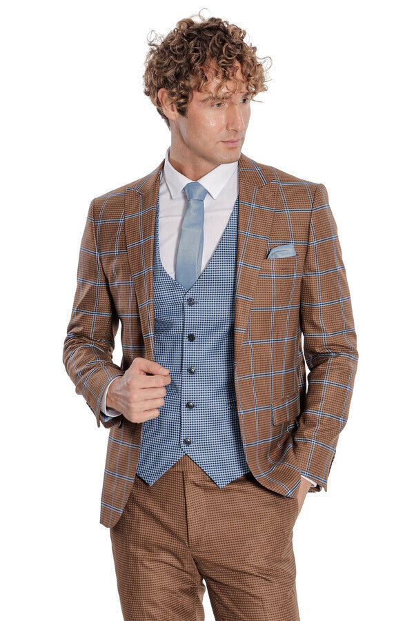 WSS Checked Patterned Slim Fit Brown Men Suit  - Lombard