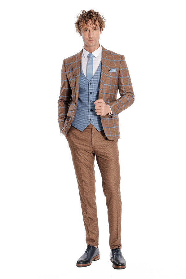 WSS Checked Patterned Slim Fit Brown Men Suit  - Lombard