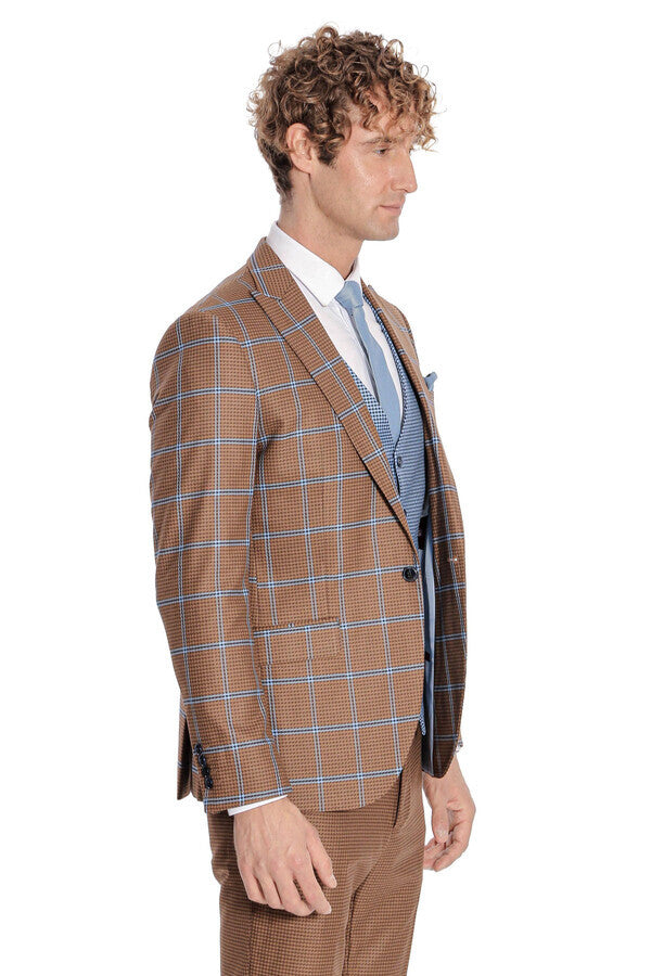 WSS Checked Patterned Slim Fit Brown Men Suit  - Lombard