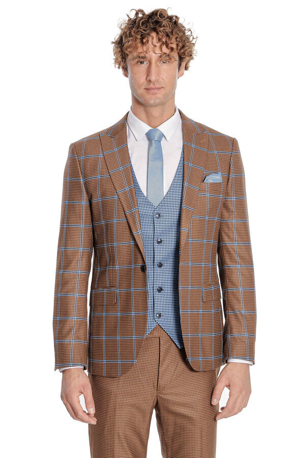 WSS Checked Patterned Slim Fit Brown Men Suit  - Lombard