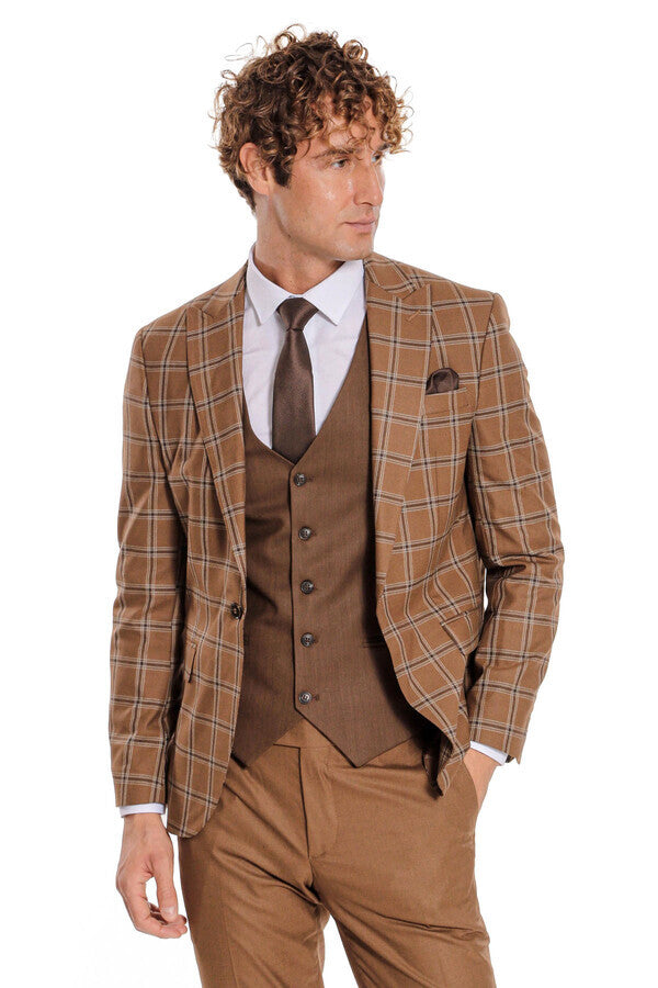 WSS Checked Patterned Slim Fit Brown Men Suit  - Corby