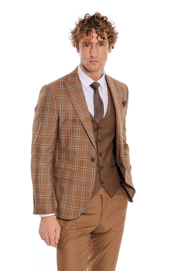 WSS Checked Patterned Slim Fit Brown Men Suit  - Corby