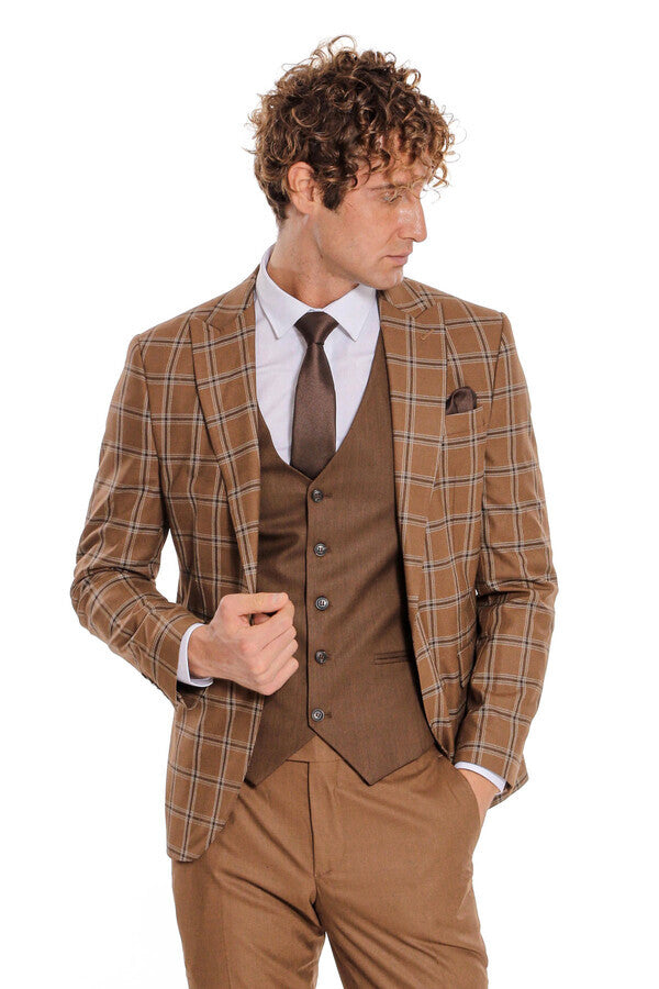 WSS Checked Patterned Slim Fit Brown Men Suit  - Corby