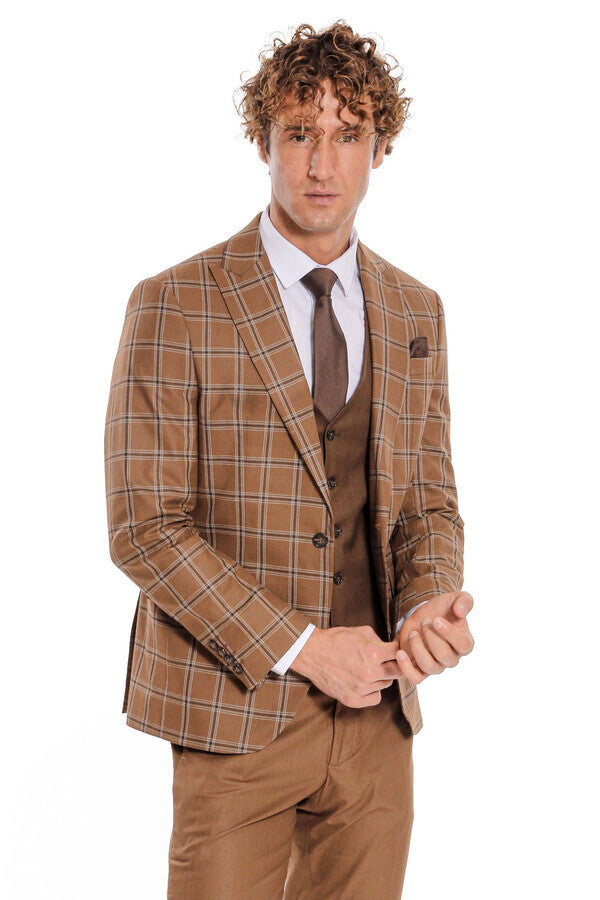 WSS Checked Patterned Slim Fit Brown Men Suit  - Corby