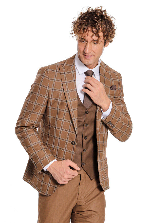 WSS Checked Patterned Slim Fit Brown Men Suit  - Corby