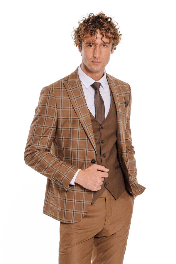 WSS Checked Patterned Slim Fit Brown Men Suit  - Corby