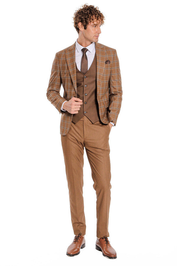 WSS Checked Patterned Slim Fit Brown Men Suit  - Corby