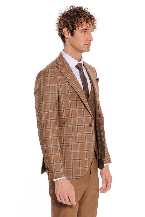 WSS Checked Patterned Slim Fit Brown Men Suit  - Corby