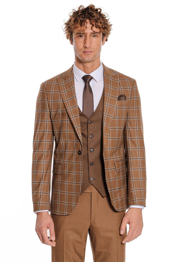WSS Checked Patterned Slim Fit Brown Men Suit  - Corby