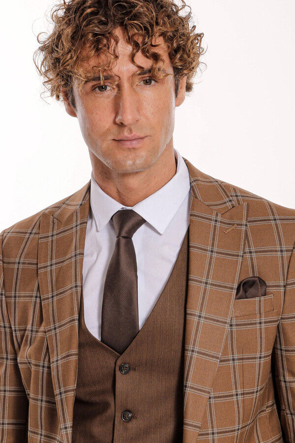 WSS Checked Patterned Slim Fit Brown Men Suit  - Corby