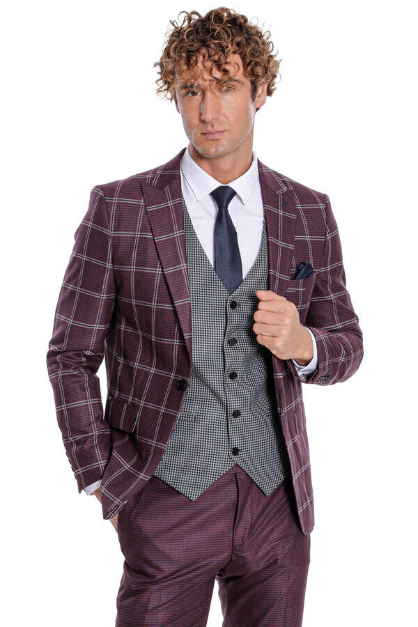WSS Checked Patterned Slim Fit Burgundy Men Suit  - Barnsley