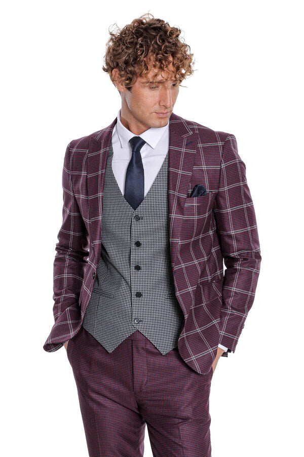 WSS Checked Patterned Slim Fit Burgundy Men Suit  - Barnsley