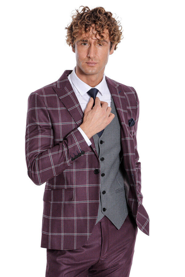 WSS Checked Patterned Slim Fit Burgundy Men Suit  - Barnsley