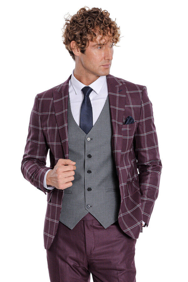 WSS Checked Patterned Slim Fit Burgundy Men Suit  - Barnsley