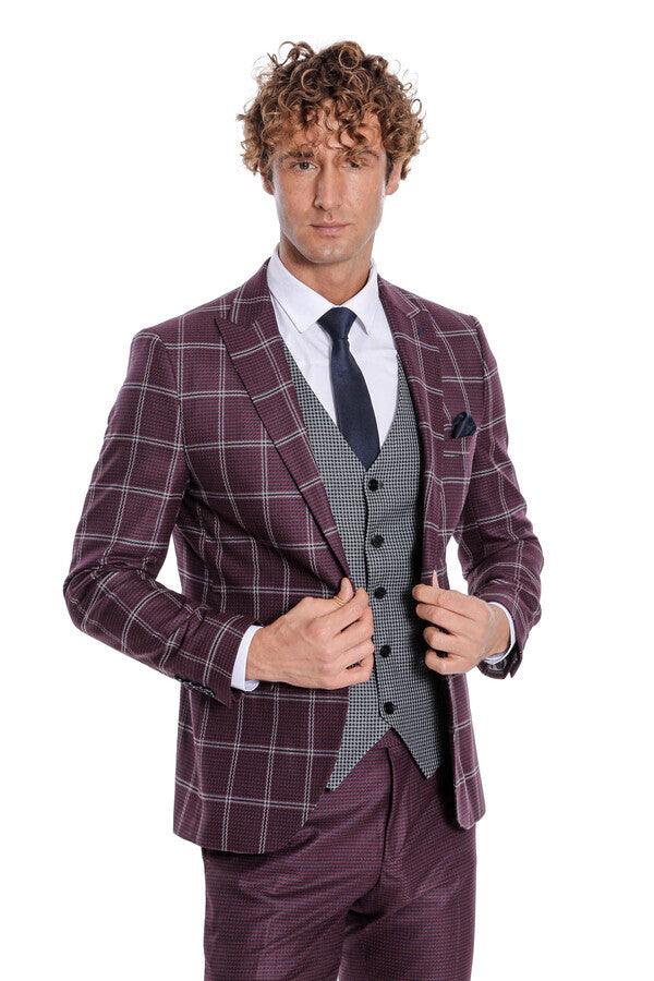 WSS Checked Patterned Slim Fit Burgundy Men Suit  - Barnsley