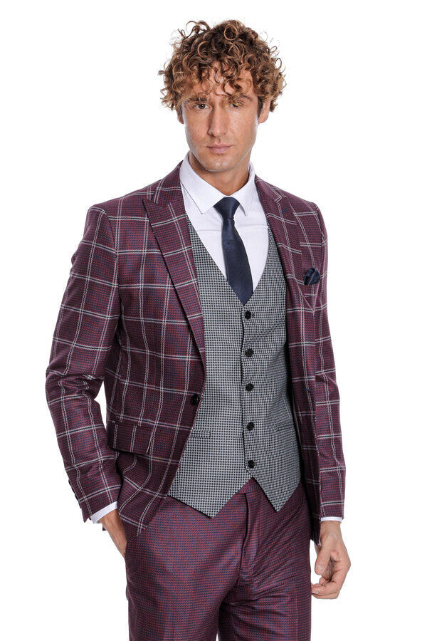 WSS Checked Patterned Slim Fit Burgundy Men Suit  - Barnsley