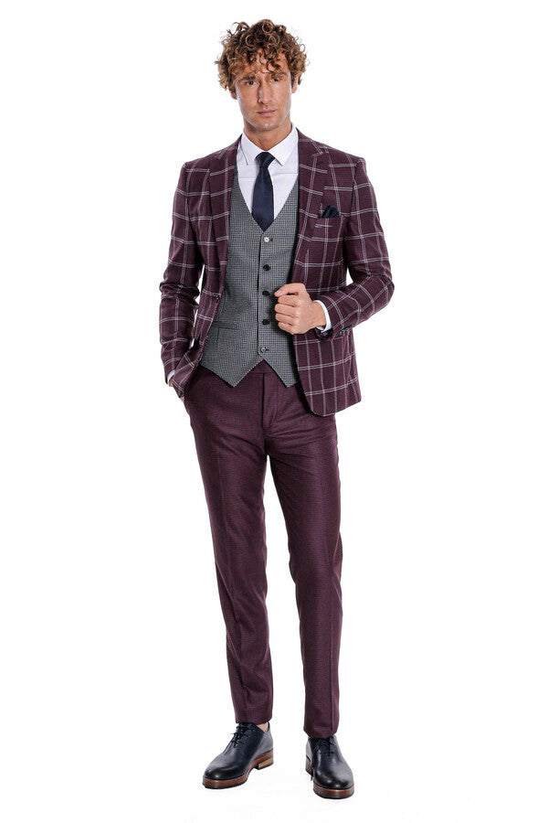 WSS Checked Patterned Slim Fit Burgundy Men Suit  - Barnsley