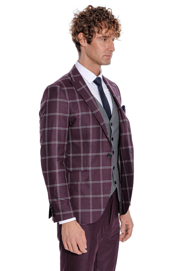 WSS Checked Patterned Slim Fit Burgundy Men Suit  - Barnsley
