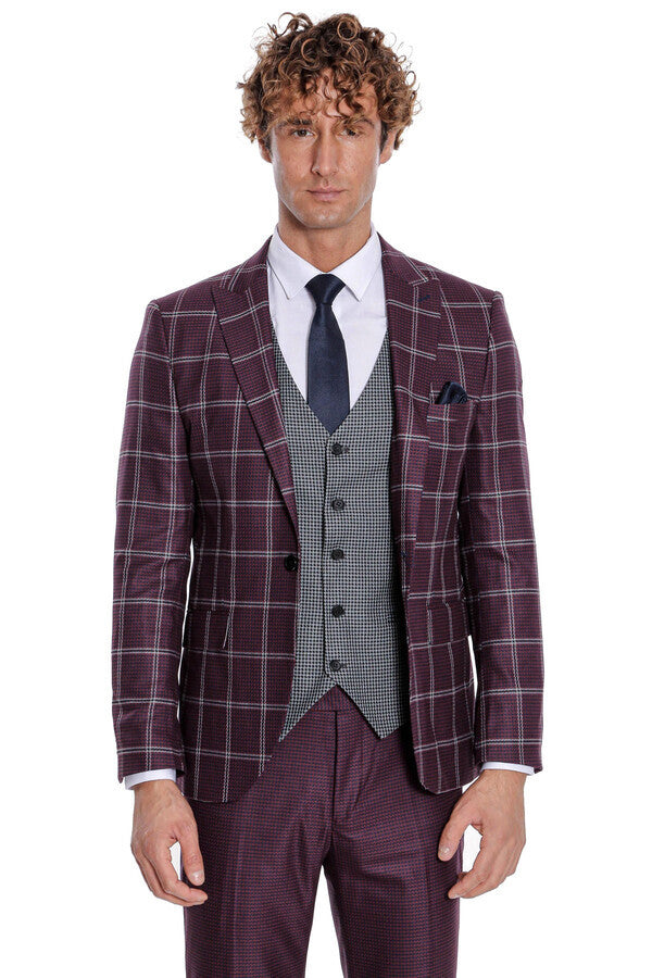WSS Checked Patterned Slim Fit Burgundy Men Suit  - Barnsley
