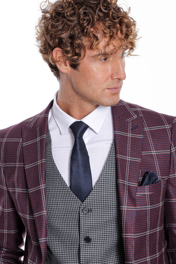 WSS Checked Patterned Slim Fit Burgundy Men Suit  - Barnsley