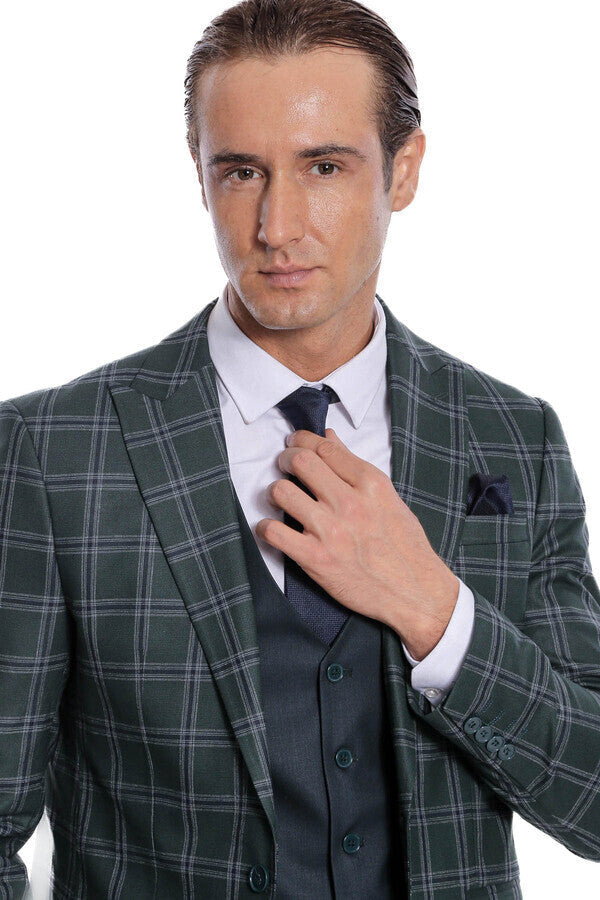 WSS Checked Patterned Slim Fit Green Men Suit  - Ocoyoacac