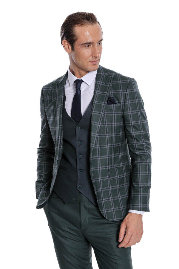 WSS Checked Patterned Slim Fit Green Men Suit  - Ocoyoacac