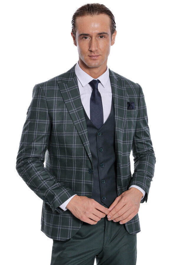 WSS Checked Patterned Slim Fit Green Men Suit  - Ocoyoacac