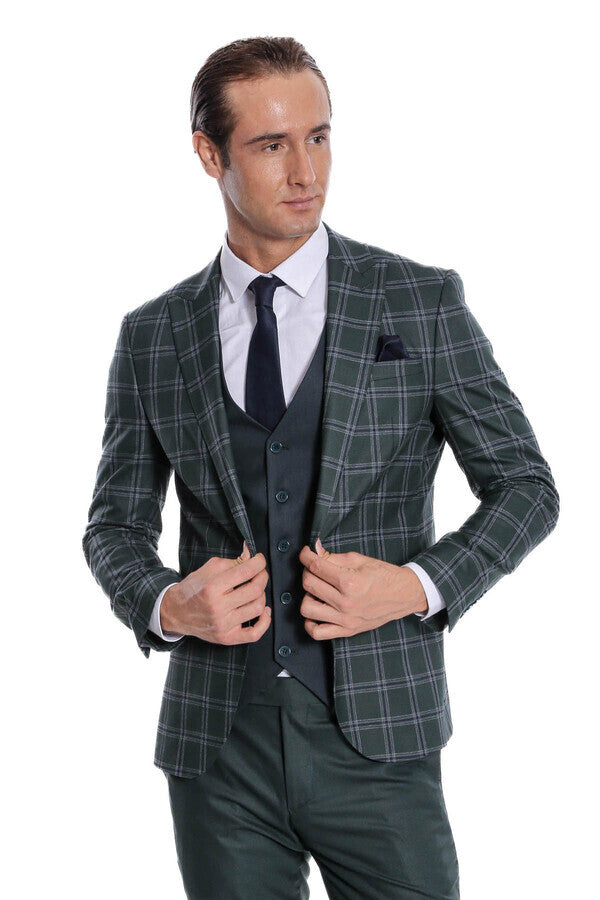 WSS Checked Patterned Slim Fit Green Men Suit  - Ocoyoacac