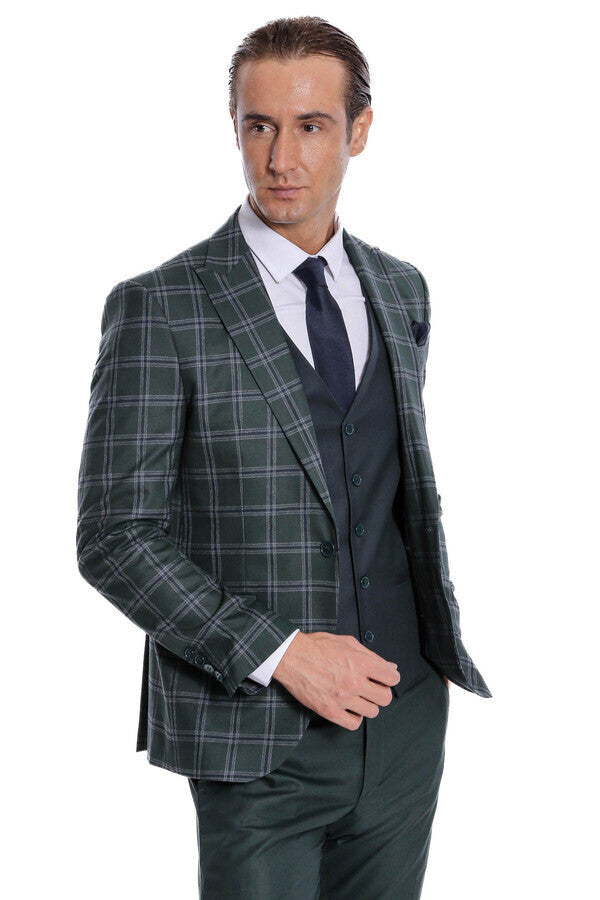 WSS Checked Patterned Slim Fit Green Men Suit  - Ocoyoacac