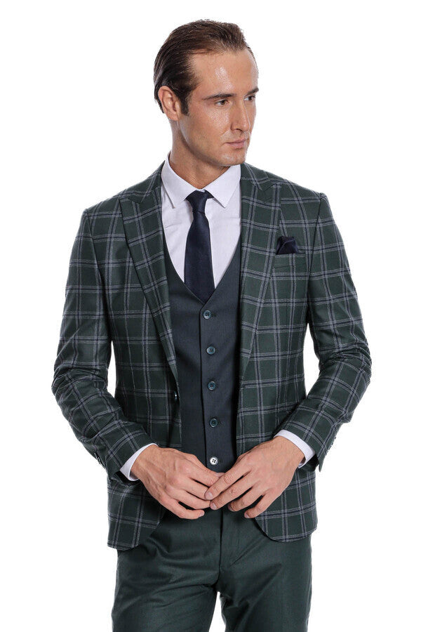 WSS Checked Patterned Slim Fit Green Men Suit  - Ocoyoacac
