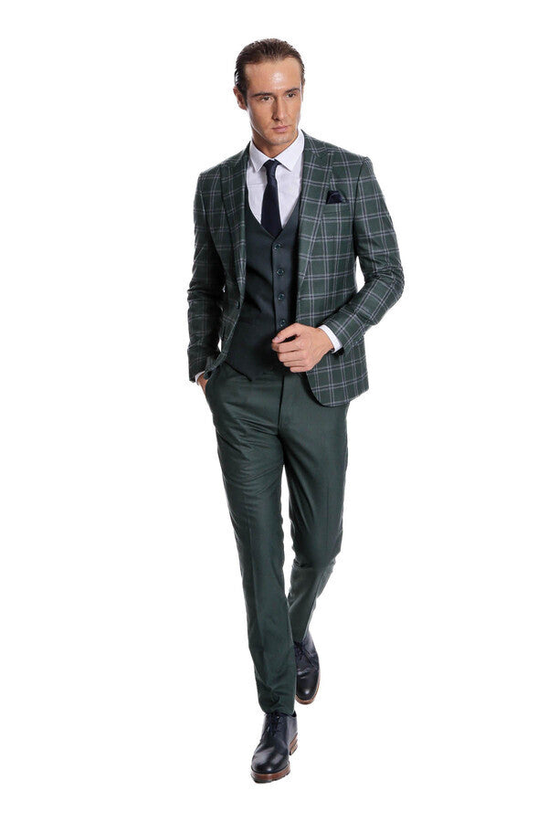WSS Checked Patterned Slim Fit Green Men Suit  - Ocoyoacac