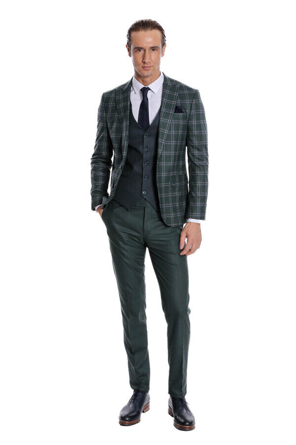 WSS Checked Patterned Slim Fit Green Men Suit  - Ocoyoacac