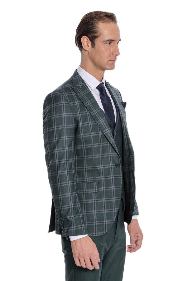 WSS Checked Patterned Slim Fit Green Men Suit  - Ocoyoacac